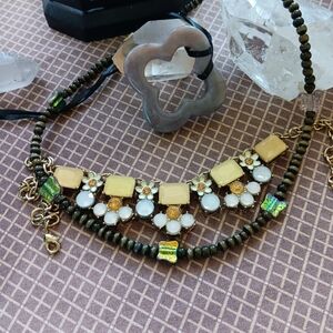 3 necklaces, Bohemian Glass Butterflies, Stone Cross, Rhinestones W/ Flowers.